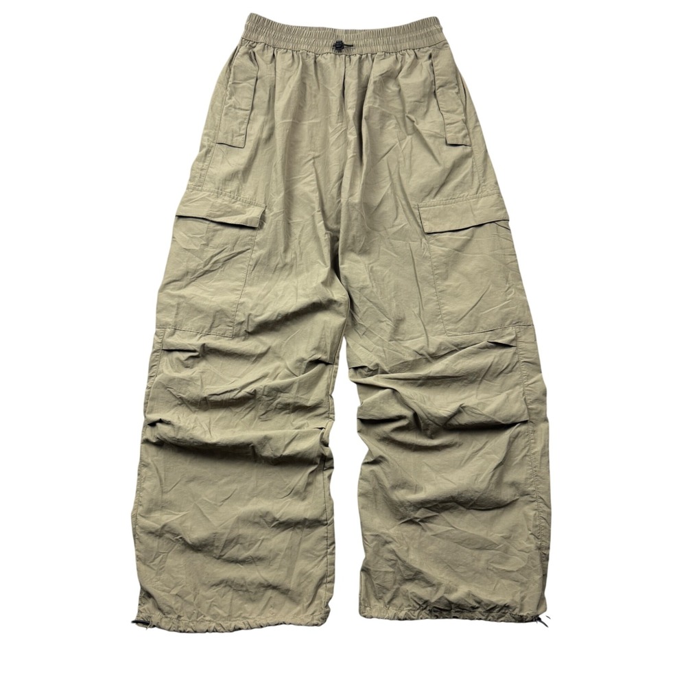 Mens Small Tan Nylon Wide Leg Cargo Pants Elastic Waist Bungee Hem Gorpcore